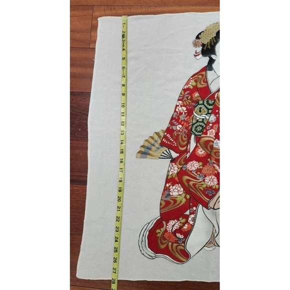 Vintage Japanese Scarf Geisha Kimono Art Print Red Gold Ivory Japan Size 28x 26 - Picture 5 of 6